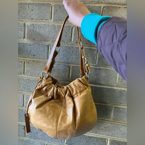 ASOS Leather Bag Purse Tan Ruched Bohemian Chic - Picture 12 of 17